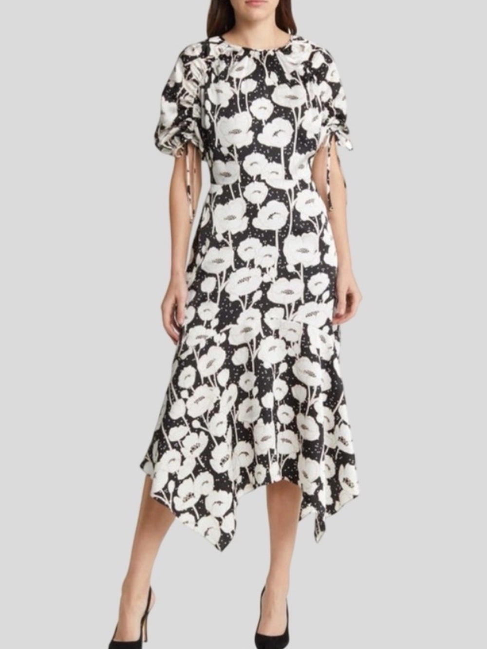 Ted Baker Abriee Dress US Size 4 Black White Puff Sleeve Textured Handkerchief